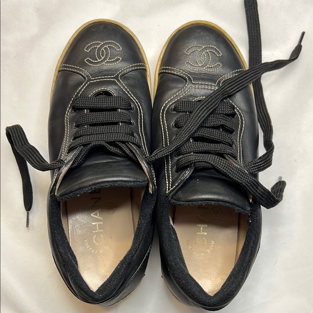 CHANEL Black Leather Sneakers
